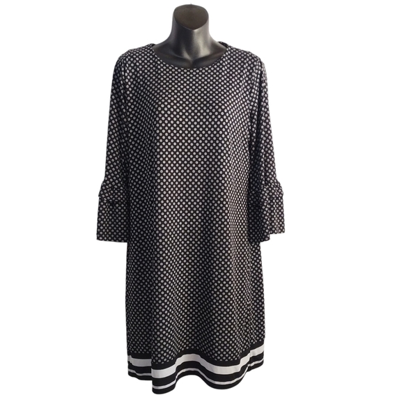 Michael Kors Dress Black White 3/4 Flare Sleeve Round Neck Stretch Size M - Picture 1 of 9